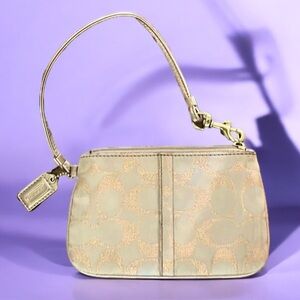 COACH Signature Print Wristlet (Champagne Color with Gold C)